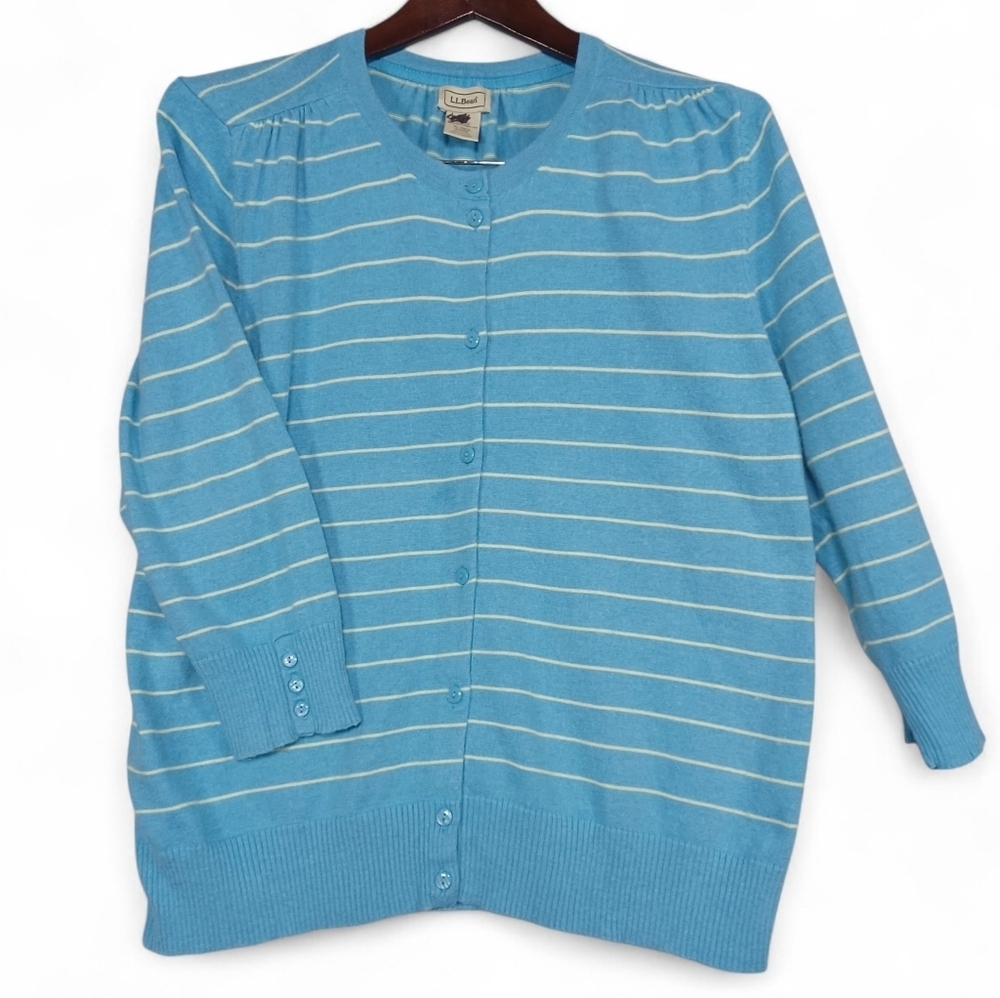 L.L. Bean Women’s XL Blue Striped Angora Blend Button Front Cardigan Soft Knit
